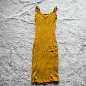 UK2LA Mustard Yellow Ribbed Bodycon Midi Dress | Sleeveless Scoop Neck